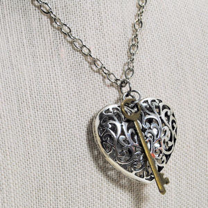 Necklace Pendant Silver Filigree Heart Bronze Key - 882